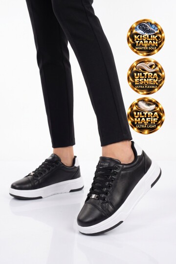 Siyah-Beyaz Kadın Casual Ayakkabı Bağcıklı Kalın Rahat Tabanlı Şık Sneaker Code 419