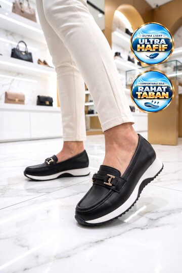 Toka Detaylı Kalın Tabanlı Şık Rahat Siyah-Beyaz Kadın Casual Ayakkabı Loafer 067 26K