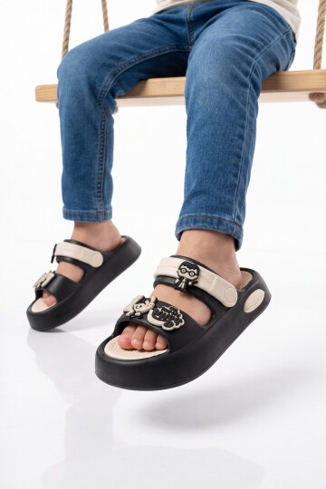 Siyah-Ekru Eva Rahat Hafif Figürlü Unisex Çocuk Bahçe ve Plaj Terliği Ayıcık Figürlü