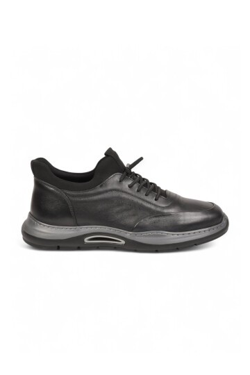 Lastik Bağcıklı Kauçuk Tabanlı Sneaker Şık Rahat Siyah-Füme Hakiki Deri Erkek Casual Ayakkabı HZ2844-8225