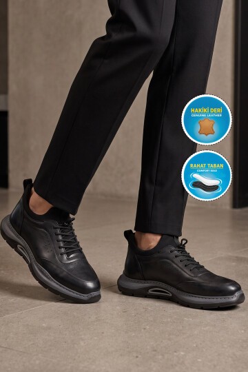 Lastik Bağcıklı Kauçuk Tabanlı Sneaker Şık Rahat Siyah-Füme Hakiki Deri Erkek Casual Ayakkabı HZ2844-8225