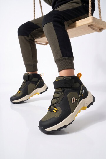 Pampili Erkek Çocuk Cırt Bantlı Kaymaz Tabanlı Siyah-Haki Outdoor Bot BS-İH1-P-100