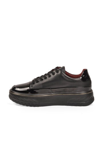 Erkek Siyah Hakiki Deri Casual Ayakkabı Bağcıklı Kalın Rahat Tabanlı Şık Sneaker 152-24121