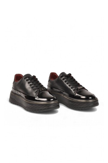 Erkek Siyah Hakiki Deri Casual Ayakkabı Bağcıklı Kalın Rahat Tabanlı Şık Sneaker 152-24121