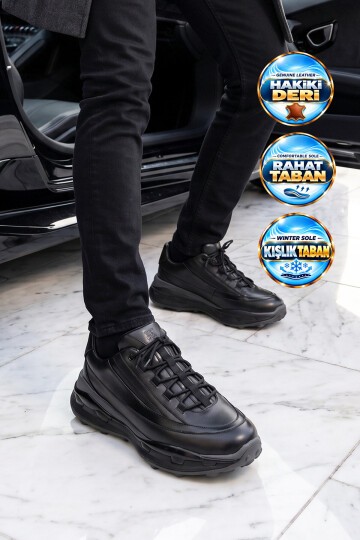 Erkek Siyah Hakiki Deri Casual Ayakkabı Şık Rahat Kalın Tabanlı Sneaker 152-24210