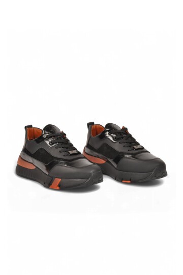 Erkek Siyah Hakiki Deri Casual Ayakkabı Bağcıklı Rahat Tabanlı Şık Sneaker 152-24251