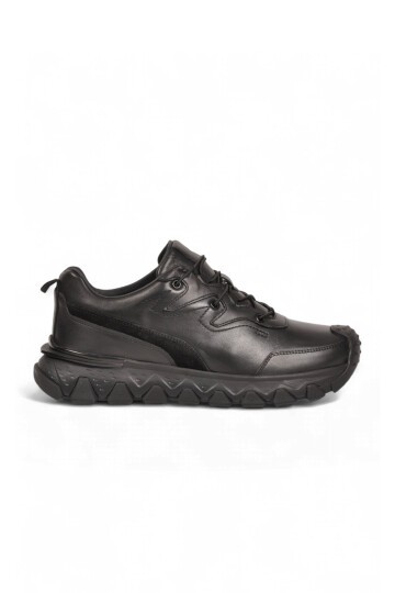 Erkek Siyah Hakiki Deri Casual Ayakkabı Bağcıklı Rahat Tabanlı Şık Sneaker 152-24252
