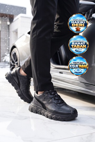 Erkek Siyah Hakiki Deri Casual Ayakkabı Bağcıklı Rahat Tabanlı Şık Sneaker 152-24252