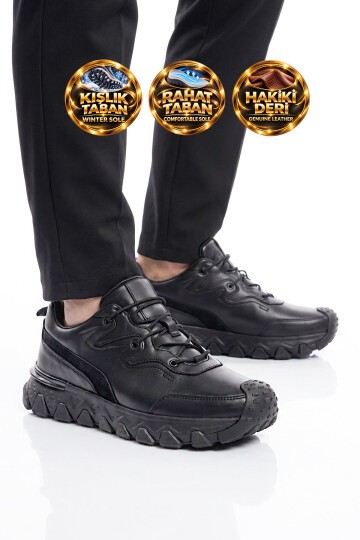 Erkek Siyah Hakiki Deri Casual Ayakkabı Bağcıklı Rahat Tabanlı Şık Sneaker 152-24252
