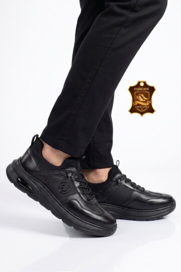 Siyah Hakiki Deri Erkek Casual Ayakkabı Şık Rahat Tabanlı Bağcıklı Sneaker 26K540-3