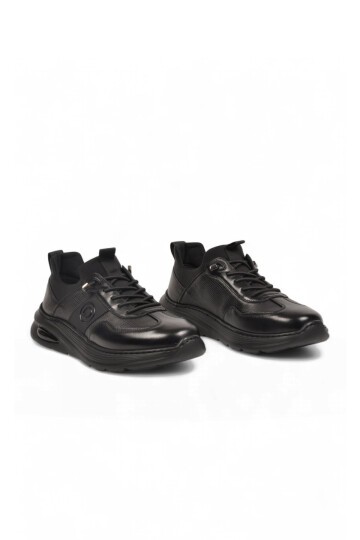 Siyah Hakiki Deri Erkek Casual Ayakkabı Şık Rahat Tabanlı Bağcıklı Sneaker 26K540-3