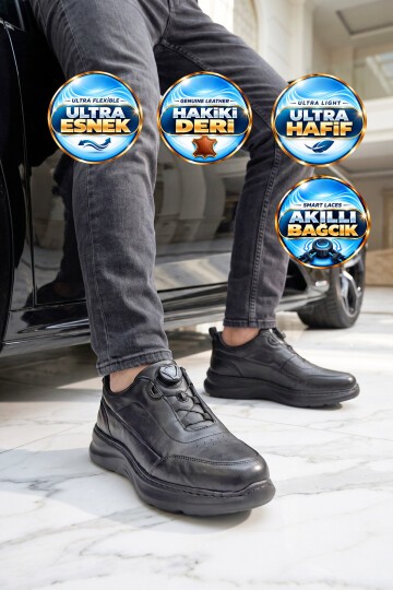 Siyah Hakiki Deri Erkek Casual Ayakkabı Şık Rahat Akıllı Bağcıklı Sneaker 26K541-1