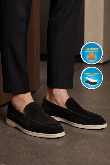 Hafif Rahat Şık Espadril Siyah Hakiki Deri Erkek Casual Loafer Ayakkabı 6K020-217
