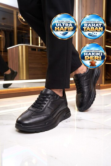 Bağcıklı Kalın Rahat Taban Sneaker Siyah Hakiki Deri Erkek Casual Ayakkabı HZ1774-0337