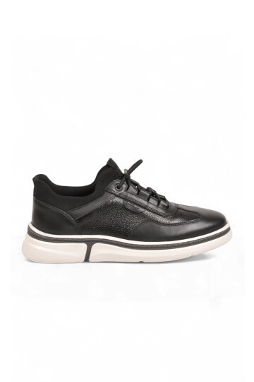 Lastik Bağcıklı Kauçuk Taban Sneaker Siyah Hakiki Deri Şık Rahat Erkek Casual Ayakkabı HZ2420-KS016