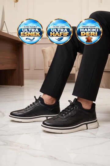 Lastik Bağcıklı Kauçuk Taban Sneaker Siyah Hakiki Deri Şık Rahat Erkek Casual Ayakkabı HZ2420-KS016