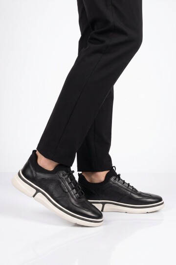 Lastik Bağcıklı Kauçuk Taban Sneaker Siyah Hakiki Deri Şık Rahat Erkek Casual Ayakkabı HZ2420-KS016