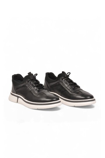 Lastik Bağcıklı Kauçuk Taban Sneaker Siyah Hakiki Deri Şık Rahat Erkek Casual Ayakkabı HZ2420-KS016