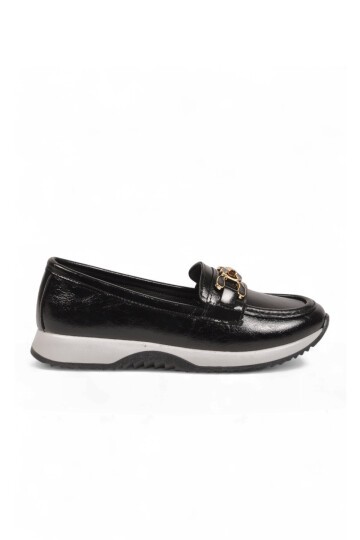 Toka Detaylı Kalın Tabanlı Şık Rahat Siyah Kırışık Kadın Casual Ayakkabı Loafer 062