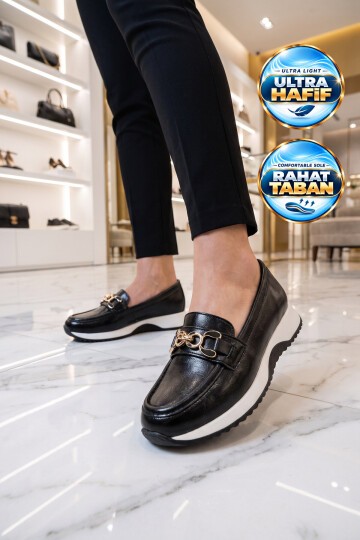 Toka Detaylı Kalın Tabanlı Şık Rahat Siyah Kırışık Kadın Casual Ayakkabı Loafer 062
