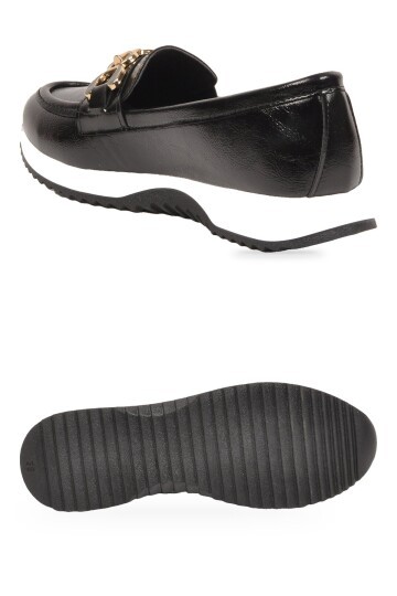 Toka Detaylı Kalın Tabanlı Şık Rahat Siyah Kırışık Kadın Casual Ayakkabı Loafer 062