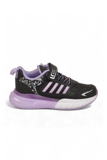 Siyah-Lila Kız Çocuk Spor Ayakkabı Cırt Bantlı Kalın Tabanlı Sneaker 748 Cilt