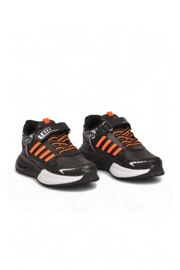 Siyah-Oranj Erkek Çocuk Spor Ayakkabı Cırt Bantlı Kalın Tabanlı Sneaker 748 Cilt