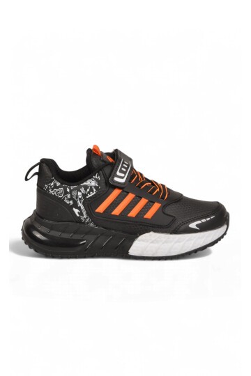 Siyah-Oranj Erkek Çocuk Spor Ayakkabı Cırt Bantlı Kalın Tabanlı Sneaker 748 Cilt