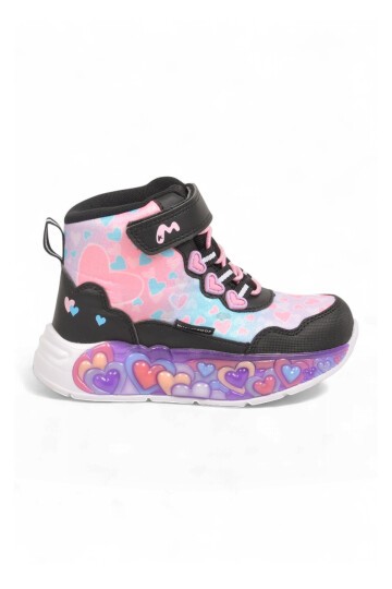 Kız Çocuk Su Geçirmez Işıklı Desenli Siyah-Pembe Cırt Bantlı Sneaker Bot Montana