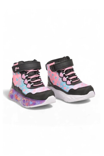 Kız Çocuk Su Geçirmez Işıklı Desenli Siyah-Pembe Cırt Bantlı Sneaker Bot Montana
