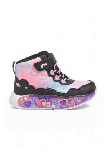 Kız Çocuk Su Geçirmez Işıklı Desenli Siyah-Pembe Cırt Bantlı Sneaker Bot Montana