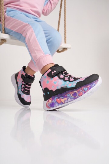 Kız Çocuk Su Geçirmez Işıklı Desenli Siyah-Pembe Cırt Bantlı Sneaker Bot Montana