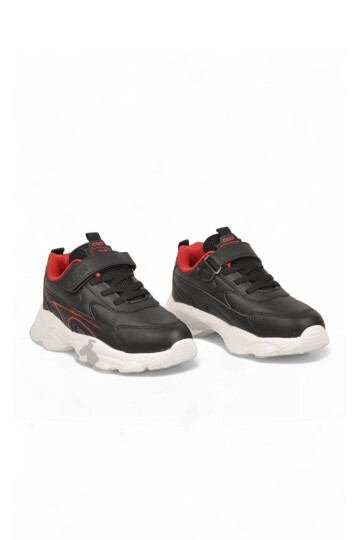Siyah Unisex Çocuk Yürüyüş ve Spor Ayakkabı Cırtt Bantlı Kalın Taban Sneaker Kornos