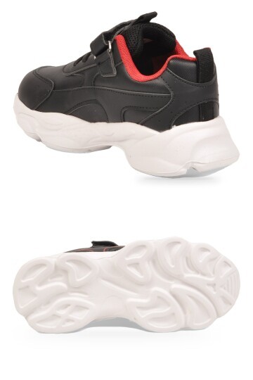 Siyah Unisex Çocuk Yürüyüş ve Spor Ayakkabı Cırtt Bantlı Kalın Taban Sneaker Kornos