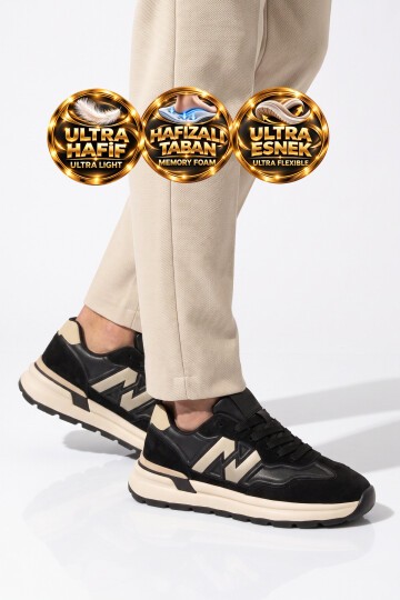Siyah Erkek Casual Yürüyüş Ayakkabı Bağcıklı Hafızalı Taban Şık Rahat Sneaker Draw