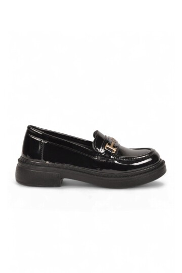 Toka Detaylı Kalın Tabanlı Şık Rahat Siyah Rugan Kadın Casual Ayakkabı Loafer 1805