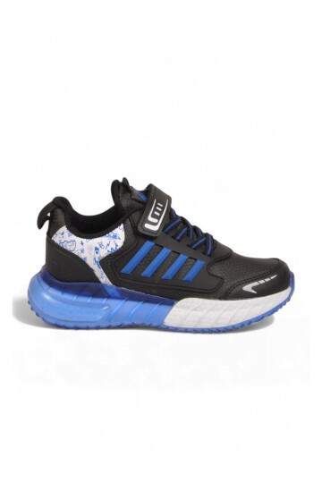 Siyah-Saks Erkek Çocuk Spor Ayakkabı Cırt Bantlı Kalın Tabanlı Sneaker 748 Cilt
