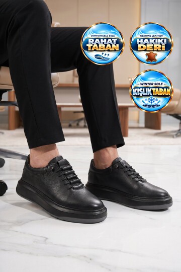 Siyah Hakiki Deri Erkek Sneaker Lastik Bağcıklı Kalın Rahat Taban Casual Ayakkabı 272304