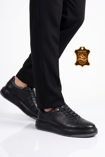 Siyah Hakiki Deri Erkek Sneaker Lastik Bağcıklı Kalın Rahat Taban Casual Ayakkabı 272304