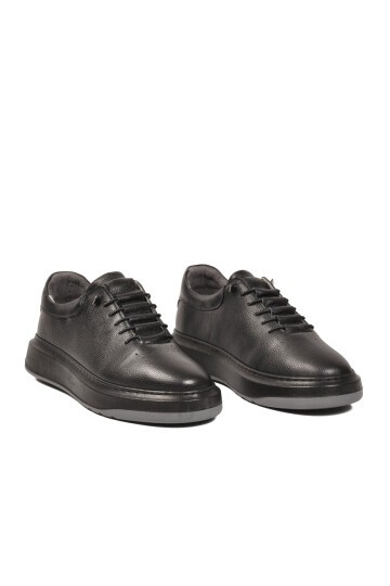 Siyah Hakiki Deri Erkek Sneaker Lastik Bağcıklı Kalın Rahat Taban Casual Ayakkabı 272304