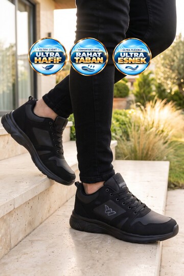 Erkek Siyah Bağcıklı Hafif Esnek Yürüyüş ve Spor Ayakkabı Sneaker Core 020