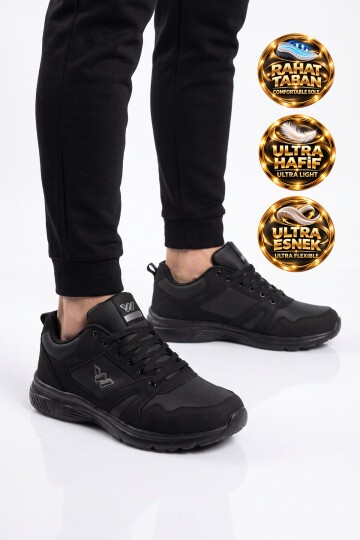 Erkek Siyah Bağcıklı Hafif Esnek Yürüyüş ve Spor Ayakkabı Sneaker Core 020