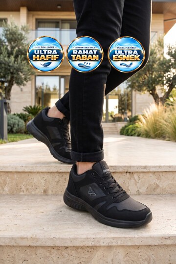 Erkek Siyah Büyük Numara Bağcıklı Hafif Esnek Yürüyüş ve Spor Ayakkabı Sneaker Core 020