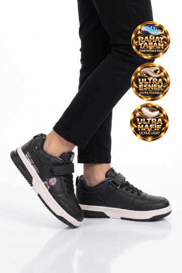 Siyah Erkek Çocuk Yürüyüş ve Spor Ayakkabı Cırt Bantlı Kalın Rahat Taban Sneaker Star 26K