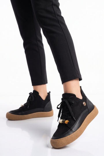 Kadın Siyah Aksesuar Bağcıklı Kadın Sneaker Bot 669267