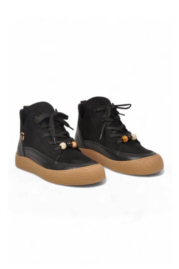 Kadın Siyah Aksesuar Bağcıklı Kadın Sneaker Bot 669267