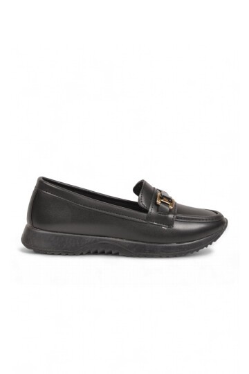 Toka Detaylı Kalın Tabanlı Şık Rahat Siyah Kadın Casual Ayakkabı Loafer 067 26K
