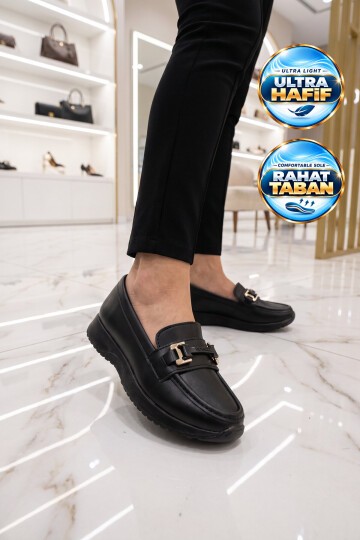 Toka Detaylı Kalın Tabanlı Şık Rahat Siyah Kadın Casual Ayakkabı Loafer 067 26K