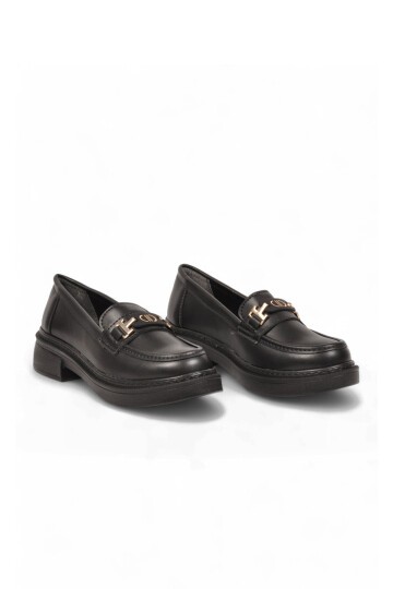 Toka Detaylı Kalın Tabanlı Şık Rahat Siyah Kadın Casual Ayakkabı Loafer 1805