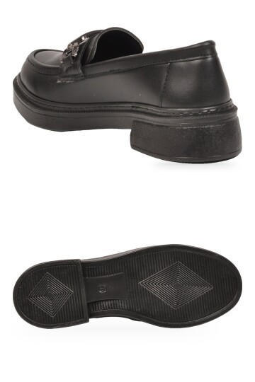Toka Detaylı Kalın Tabanlı Şık Rahat Siyah Kadın Casual Ayakkabı Loafer 1837